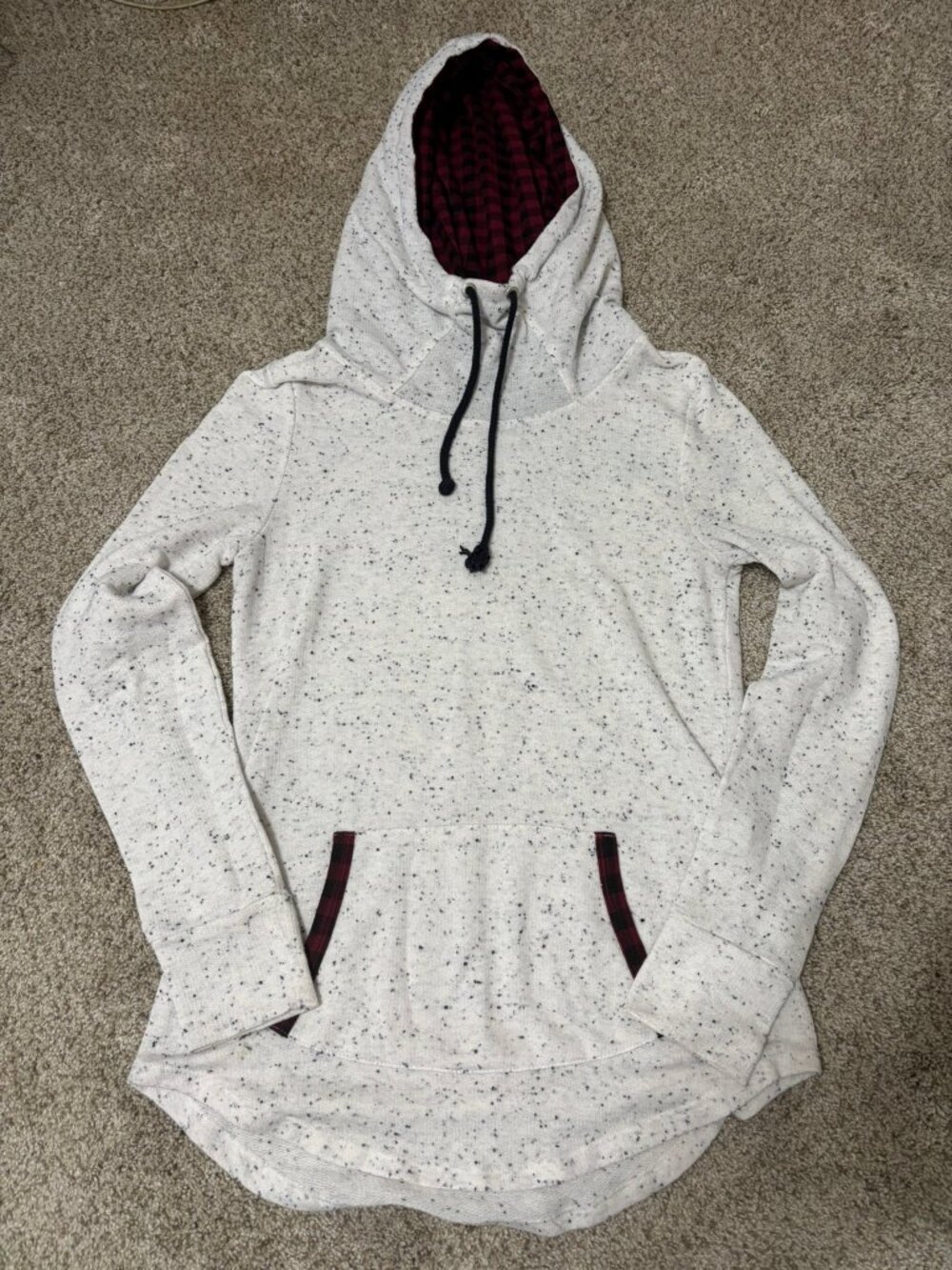 Maurices White Speckled Hoodie with Buffalo Plaid Lining | Women's Size S